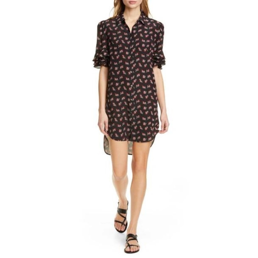 FRAME Silk Floral Print Button Front Ruffle Sleeve Shirtdress in Noir Multi